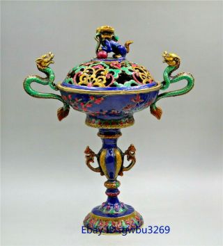 Chinese Cloisonne Brass Incense Burner Hand Carved Dragon & Lion Lid