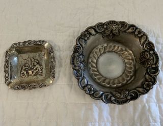 Vintage Silver.  835 Ashtray With Gambling Scene And Silver Small Candy Dish