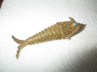 Vintage Chinese Sterling Silver Turquoise Articulated Fish Pendant Pill Box - 3 "