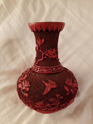Chinese 19th Century Red Cinabar Vase.  Well Carved Great Detail