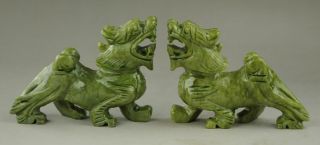 Exquisite Chinese Hand Carved Natural Green Jade Dragon Pixiu Statue Pair Rt
