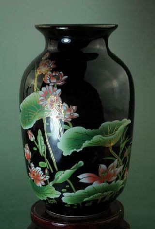 Chinese Old Hand - Made Black Glaze Pastel Porcelain Hand Painted Lotus Vase D01