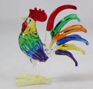 Rainbow Handcraft Rooster Chicken Figurine Farm Animal Hand Blown Glass Colorful