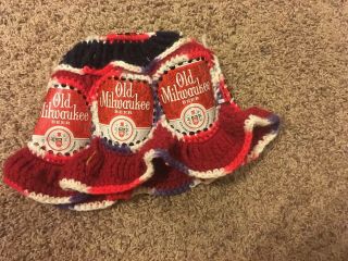 Old Milwaukee Beer Can Hat Red White & Blue Crochet Knit Bucket Hat Red Rim