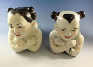 Antique Chinese Porcelain Pillows Boy And Girl Figurines Opium Headrest 1900 - 40