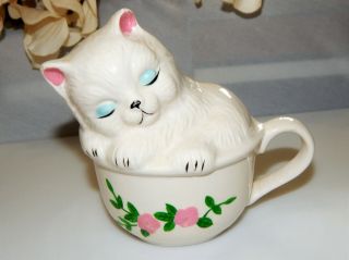 Vintage Adorable White Kitten - Cat In Teacup With Pink Flowers Signed