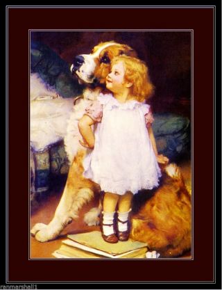 English Print Saint Bernard Dog Child Art Picture