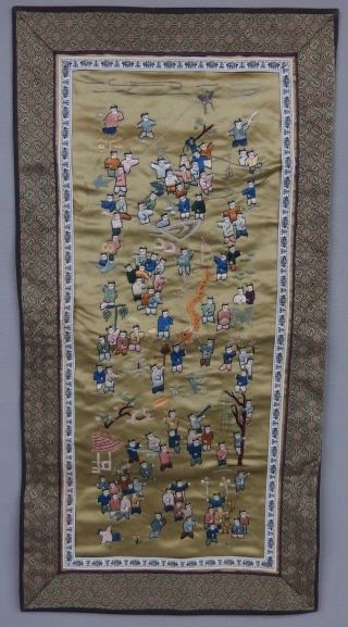 Antique Chinese Silk Embroidery Textile Tapestry Panel Hundred People Figures
