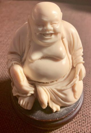 Antique White Laughing Buddha On Wood Plinth