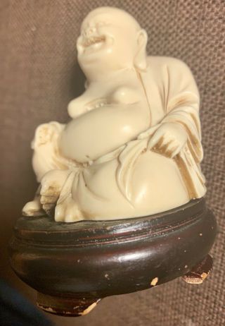 Antique White Laughing Buddha On Wood Plinth 5