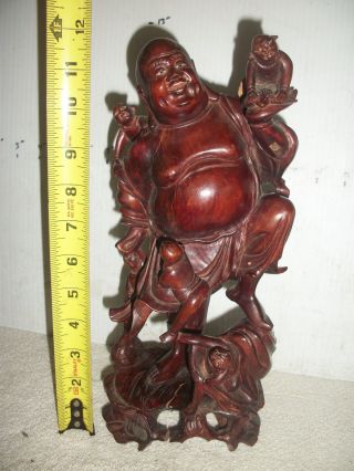 Vintage Hand Carved Wood Standing Happy Buddha Statue Climbing Children