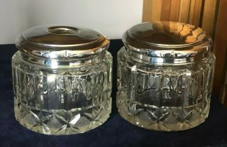 Antique Sterling Silver & Cut Glass Dressing Table Jars Birmingham 1923
