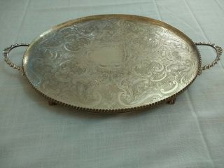 Vintage Ornate Silver Plated Platter Serving Tray With Handles And Feet