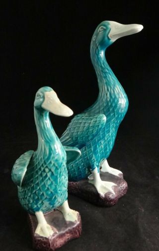 2 Antique Chinese Porcelain Turquoise " Peking " Ducks Figurines.  8 7/8” & 6 1/8”