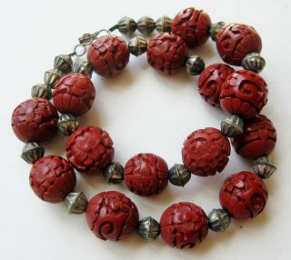 Fine Old Chinese Carved Red Cinnabar Sterling Silver Beaded Choker Necklace