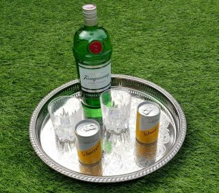 14.  5 " Large Round Vintage Silver Plate Drinks Chased Gallery Serving Tray Gin