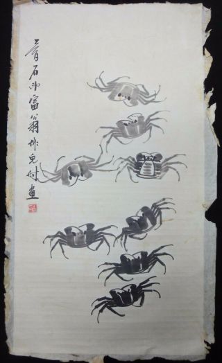 Rare Large Old Chinese Paper Hand Painting Vivid Crabs " Qibaishi " Mark