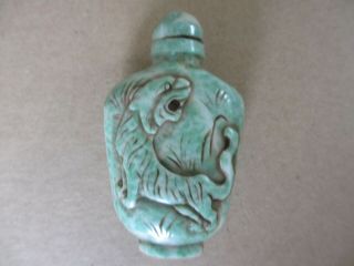 Antique Chinese Hand Carved Jade ?? Turquoise ?? Stone Snuff Jar Bottle W/ Tiger