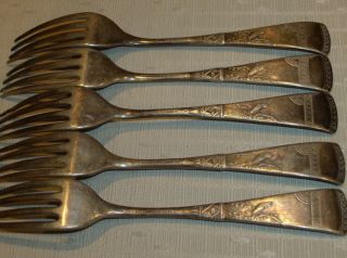 (5) 1879 Holmes Booth & Haydens Silverplate Japanese Pattern Forks 7