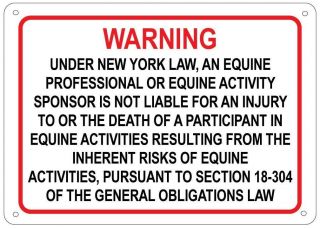 York Equine Activity Sign - Liability Warning Statute Horse Farm Barn Stable