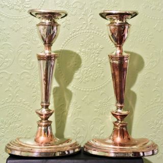 Pair Antique Sheffield Plate Silver On Copper Oval Candlesticks