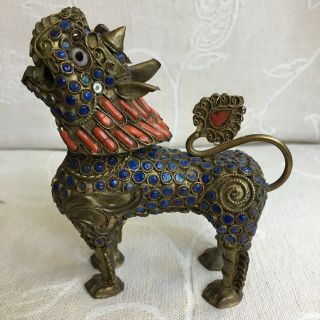 Nepalese Tibetan Filigree Brass Turquoise & Coral Foo Dog 20th C