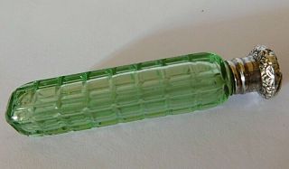 Antique Green Glass (square Pattern) Scent / Perfume Bottle With Silver Lid