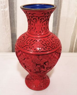 Vintage Chinese Carved Cinnabar Lacquer Vase With Blue Enameling