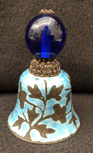 Antique Chinese Export Enamel Brass Bell Rosette Cobalt Glass Peking Ringer