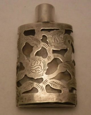 Sterling Silver Over Glass Perfume Bottle Scent Flask Lhm 2 7/8 " Mexico Vintage