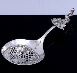 Great Large Antique Victorian Dutch Solid Silver Figural Pierced Tea Caddy Spoon
