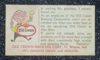 Old Crown Brewing Co.  " Thank You Card " Fort Wayne,  In.  Formerly Centlivre Beer
