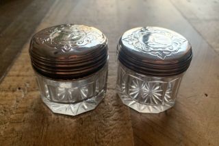 Pair Antique Victorian Silver Cut Glass Inkwell Blotting Small Pots London 1853