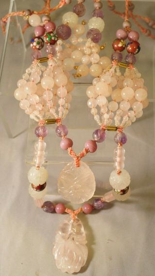 Antique Chinese Chao Zhu Court Necklace With Carved Shou Rose Quartz Medallions