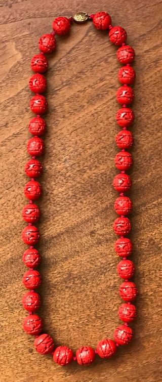 Antique Chinese Carved Red Cinnabar Lacquer Bead Necklace With Silver Clasp