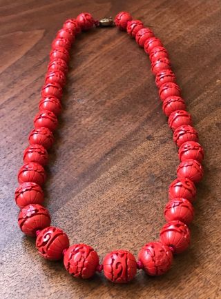 Antique Chinese Carved Red Cinnabar Lacquer Bead Necklace with Silver Clasp 2