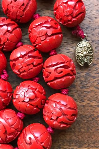 Antique Chinese Carved Red Cinnabar Lacquer Bead Necklace with Silver Clasp 4