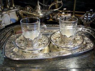 Vintage Silverplated Set Of 2 Glasses Saucers Tray Ornate Gift Engraving