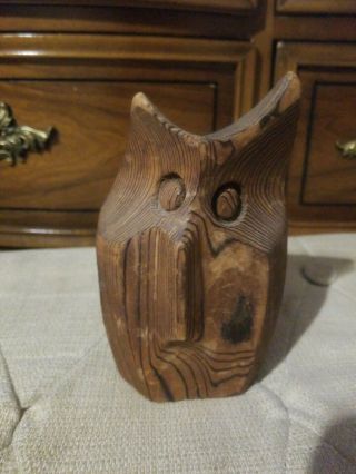 Vintage small Hand Carved Wood Owl Sculpture Owl Mod Century 1970s boho retro 4