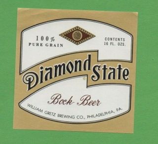16oz Diamond State Bock Beer Label By William Gretz Brewing Co Philadelphia Pa