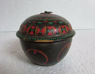 Vintage Old Wooden Hand Carved Lacquer Painted Tikka Kumkum Powder Box