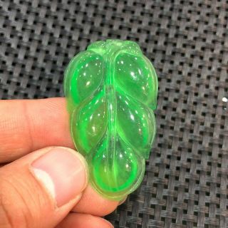 Collectible Chinese Handwork Ice Green Jadeite Jade Rare Longevity Leaf Pendant