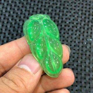 Collectible Chinese Handwork Ice Green Jadeite Jade Rare Longevity Leaf Pendant 3