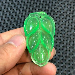 Collectible Chinese Handwork Ice Green Jadeite Jade Rare Longevity Leaf Pendant 5