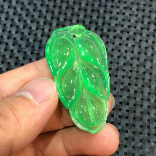 Collectible Chinese Handwork Ice Green Jadeite Jade Rare Longevity Leaf Pendant 6
