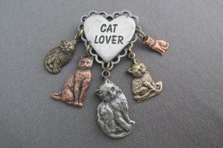 Vintage Pewter Cat Lover Frilled Heart Chatelaine Dangle Kitty Cat Pin Brooch