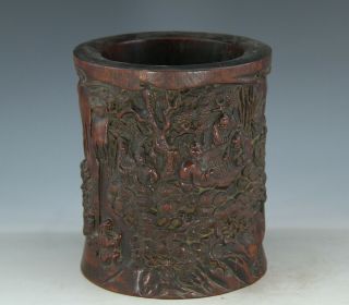 Chinese Exquisite Handmade Landscape People Carving Wood Brush Pot