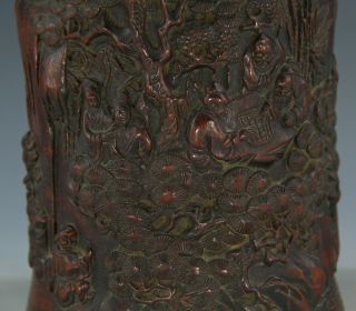 Chinese Exquisite Handmade landscape people Carving wood Brush pot 2