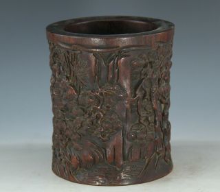Chinese Exquisite Handmade landscape people Carving wood Brush pot 5