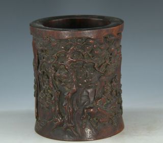 Chinese Exquisite Handmade landscape people Carving wood Brush pot 6